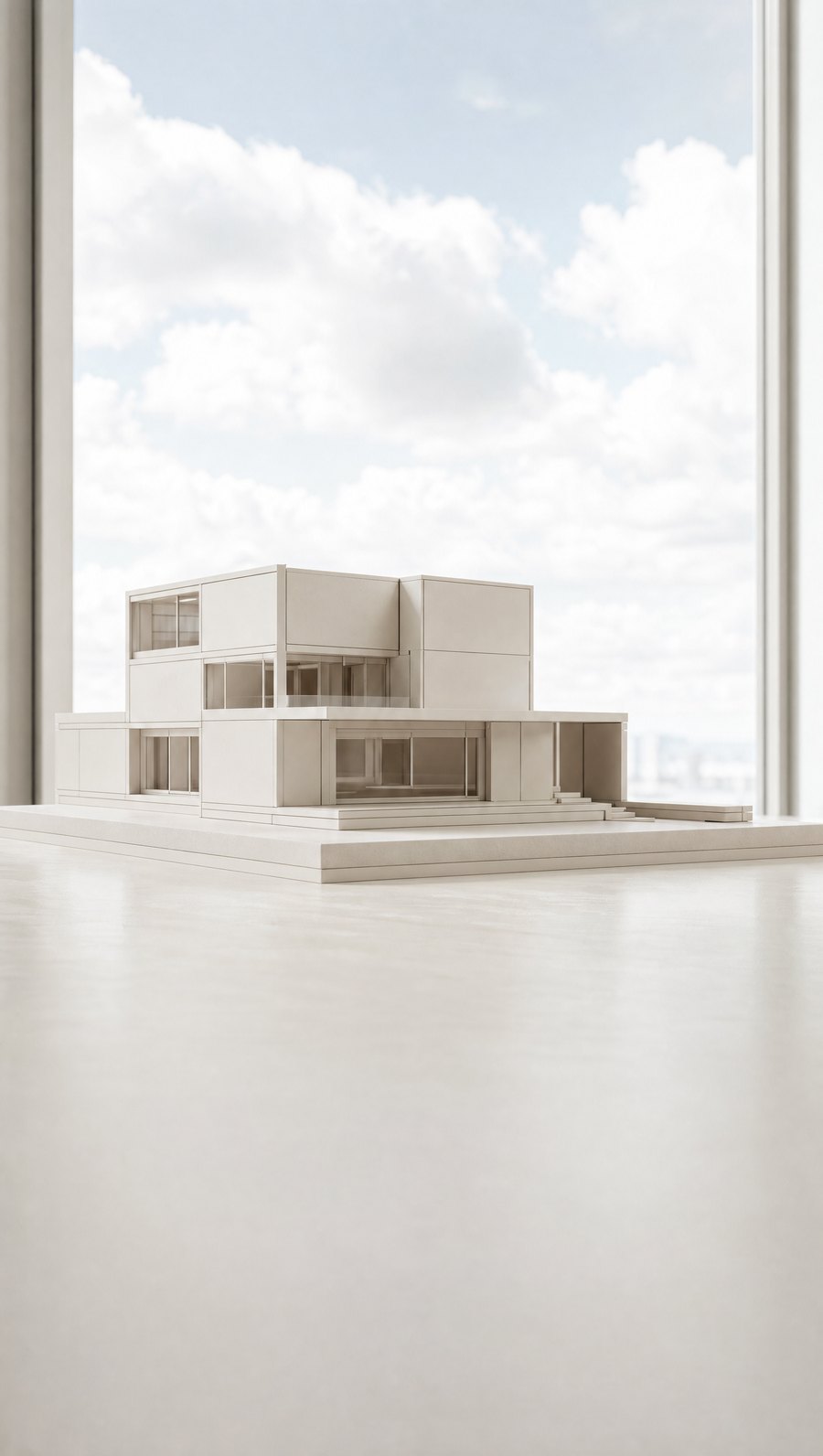 A precise white architectural model of a modular building