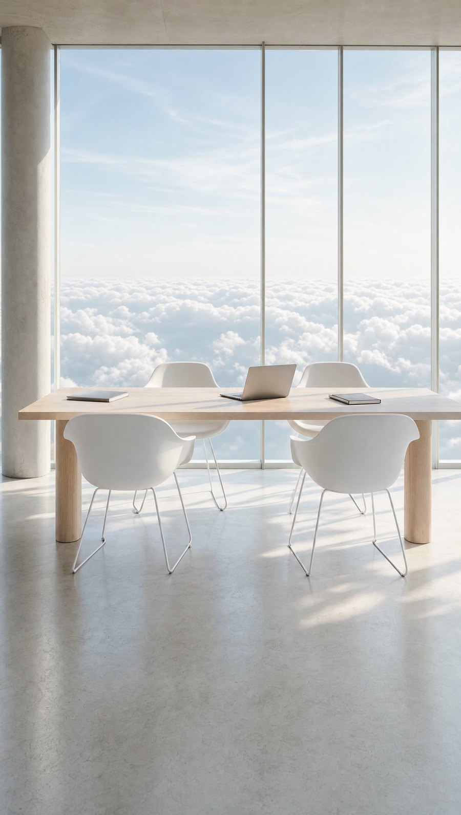 A bright minimal training room above the clouds